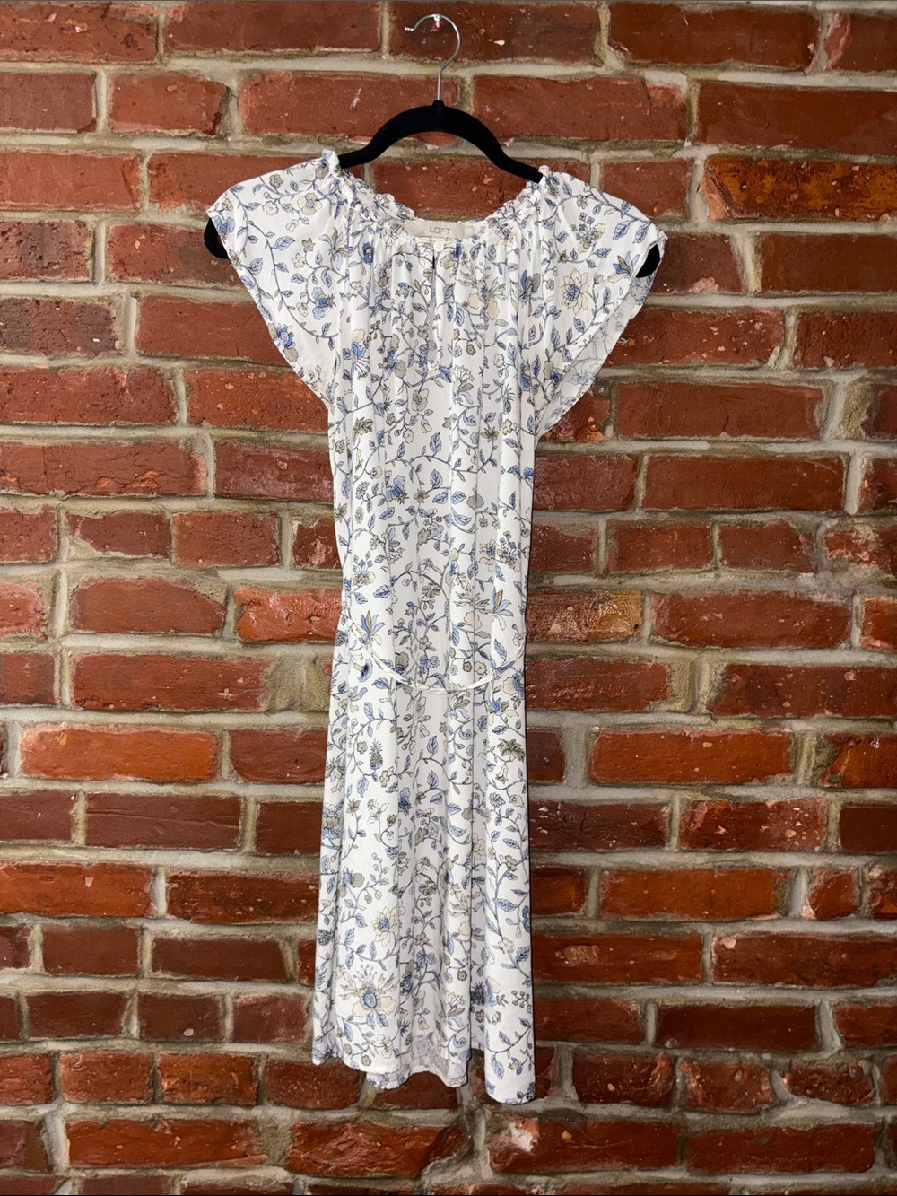 LOFT White and Blue Floral Off-Shoulder Midi Dress with Ruffle Sleeves